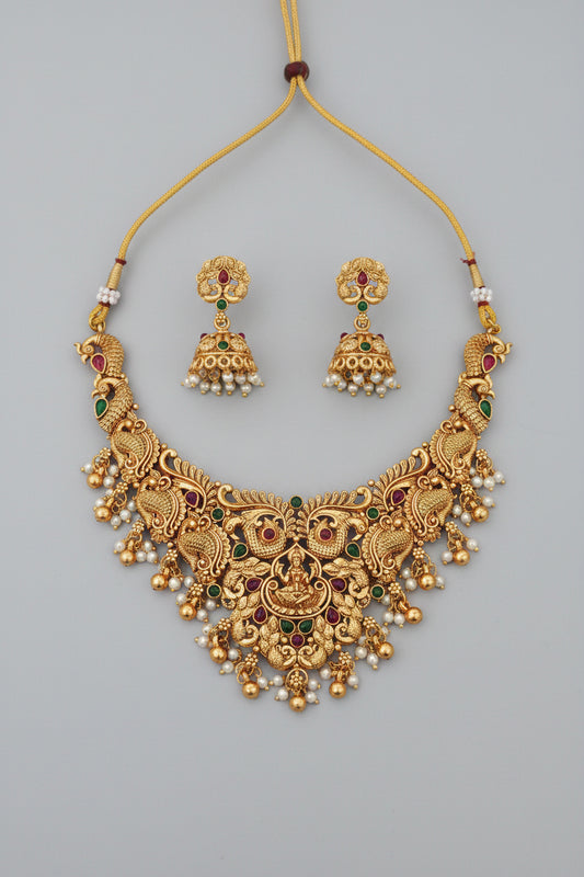 Grand Nakshi Lakshmi Temple Necklace Set with Jhumka Earrings