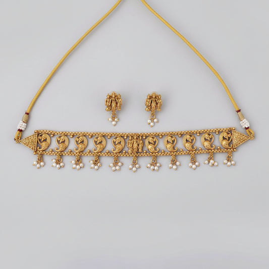 Antique Gold Ram Parivar Temple Choker Necklace Set with Earrings