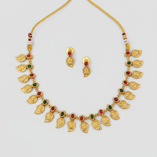 Antique Gold Lakshmi Mango Pendant Necklace Set with Earrings – Ruby & Emerald
