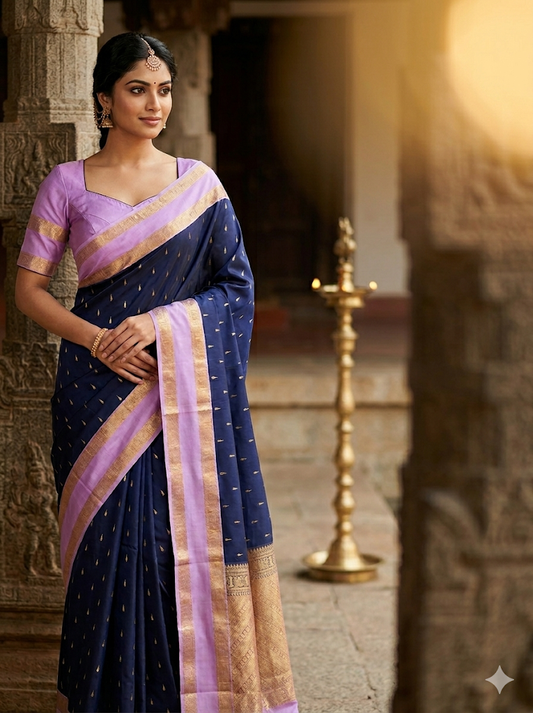 Semi Kanchipuram Silk Saree with Zari Border & Blouse