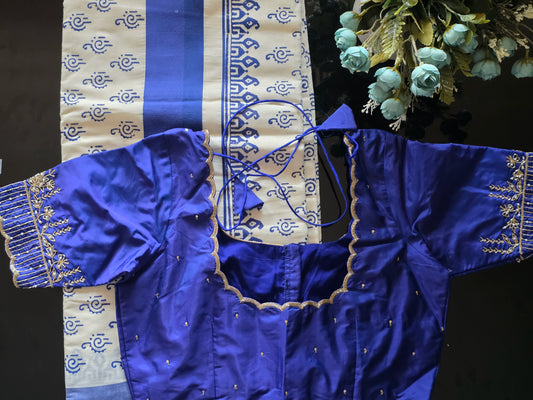 Jaipur block printed Kerala Cotton Saree with stitched blouse.