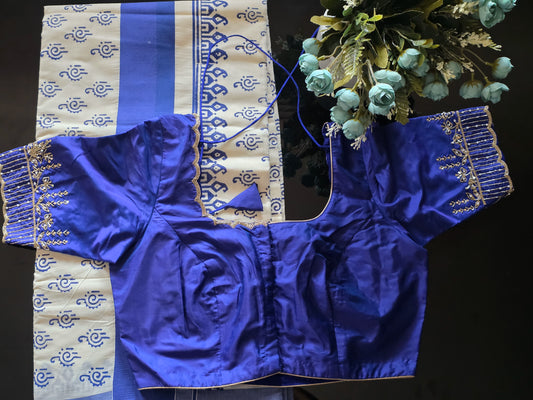 Jaipur block printed Kerala Cotton Saree with stitched blouse.