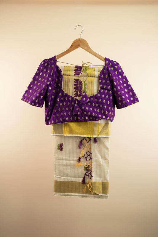 Kerala Cotton Saree with Lotus Machine Embroidery & Stitched Blouse