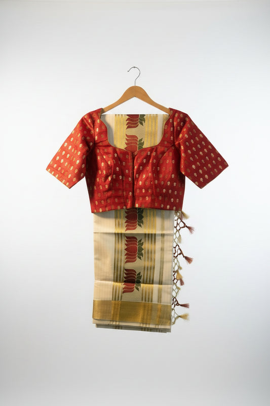 Kerala Cotton Saree with Lotus Machine Embroidery & Stitched Blouse