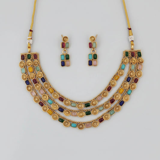 Antique Gold Multilayer Necklace Set with Earrings – Ruby & Multicolour