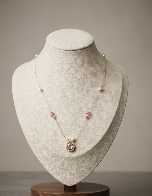 Invisible Chain Necklace with Pink Stone & Pearl Drops