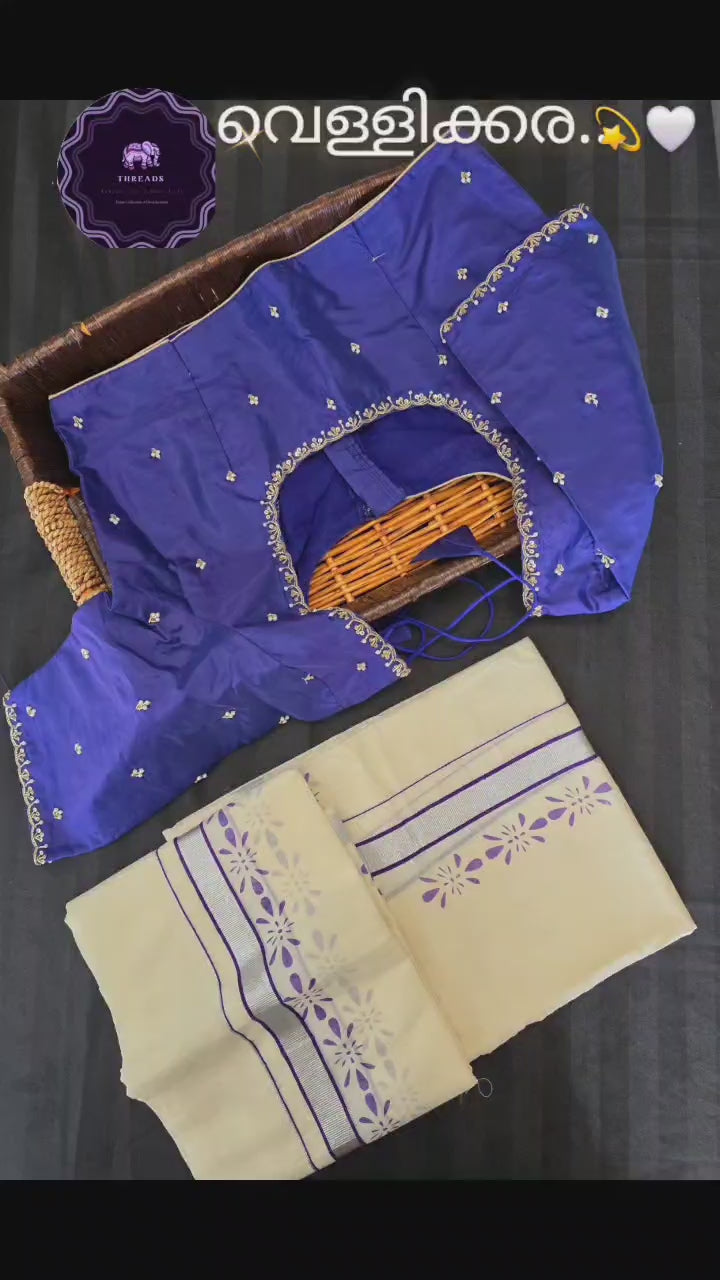 Kerala Cotton Silver Zari Set mundus with ready to wear stitched blouse.