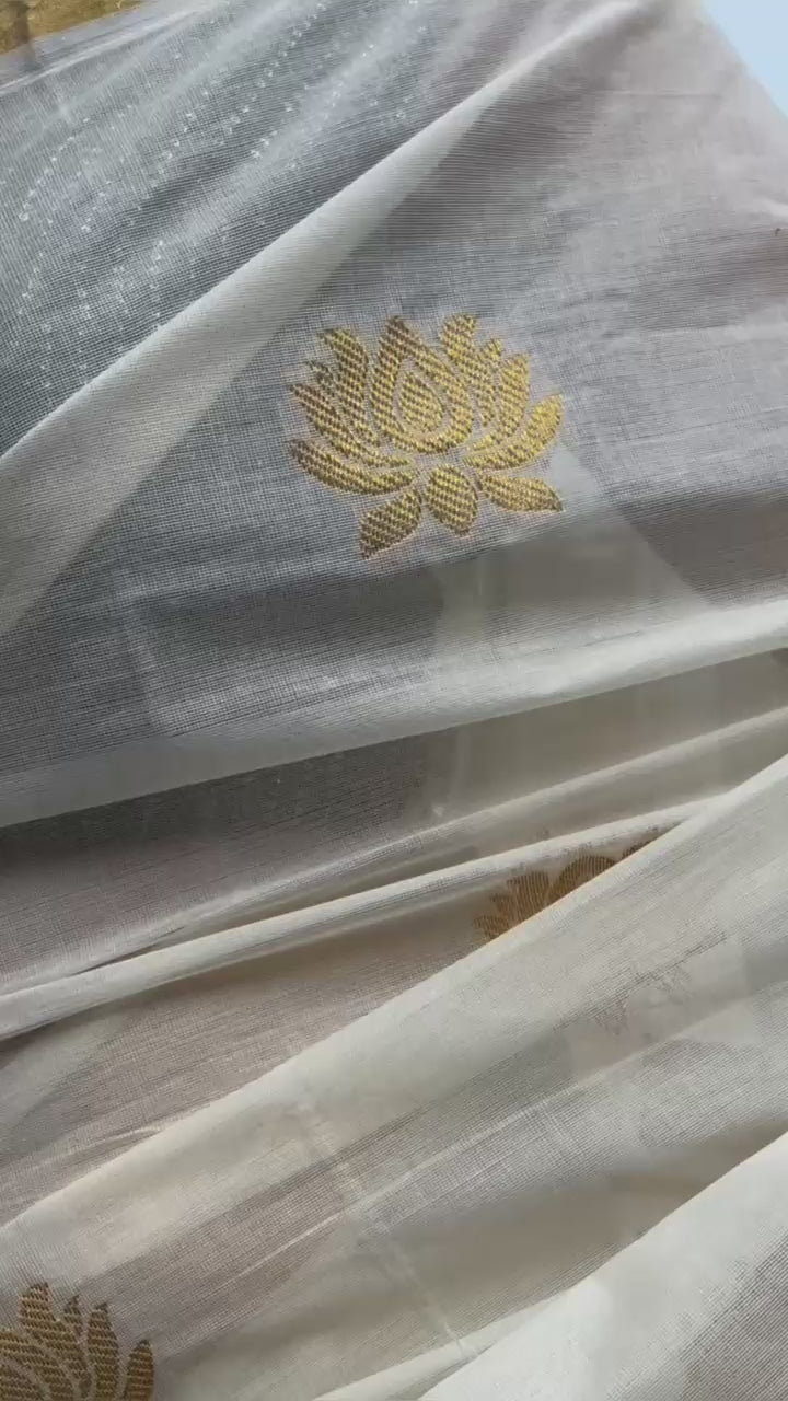 Ready to wear Kerala Cotton saree with lotus motifs with stitched blouse.