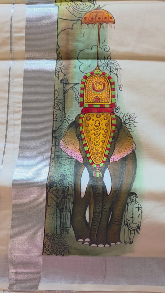 Kerala Men's Double Mundu | Silver Zari Border | Hand-Painted Elephant Motif