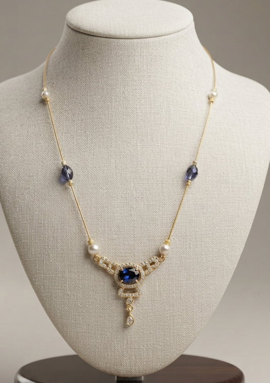 Invisible Chain Necklace with Purple Stone & Pearl Drops
