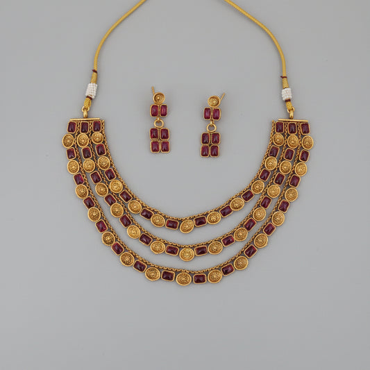 Antique Gold Multilayer Necklace Set with Earrings – Ruby & Multicolour